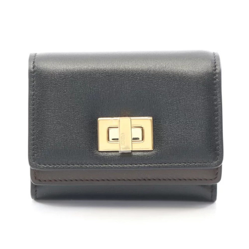 Fendi WAY Tri fold Wallet Leather Black Brown